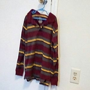 Red, Gold, and Gray Striped Collared, Long Sleeve